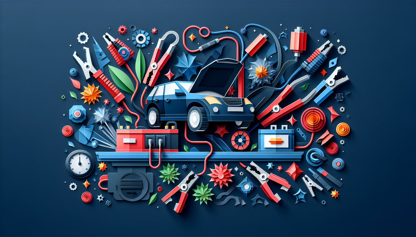 Colorful paper art depicting elements related to a Vehicle Jump-Start Safety Quiz