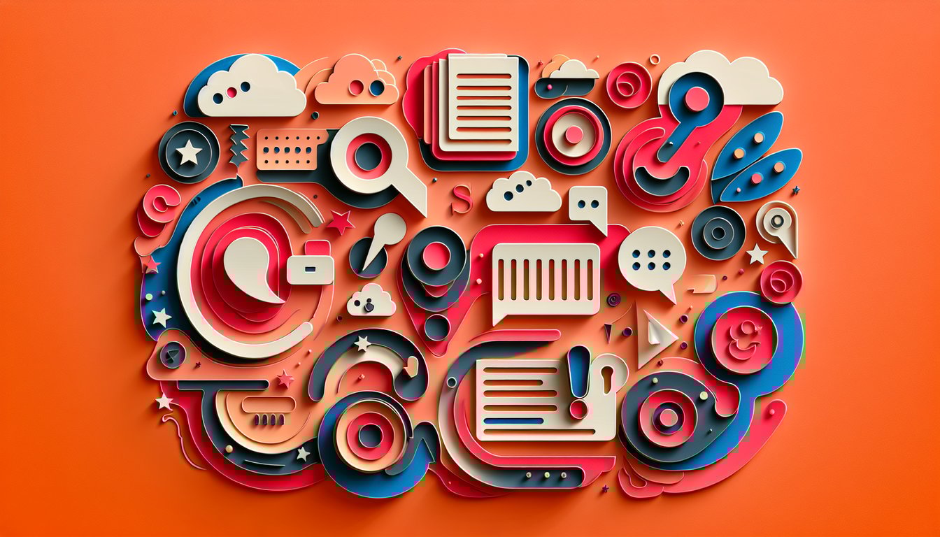 Paper art style illustration of commas and speech bubbles on coral background for sentence interrupters quiz.