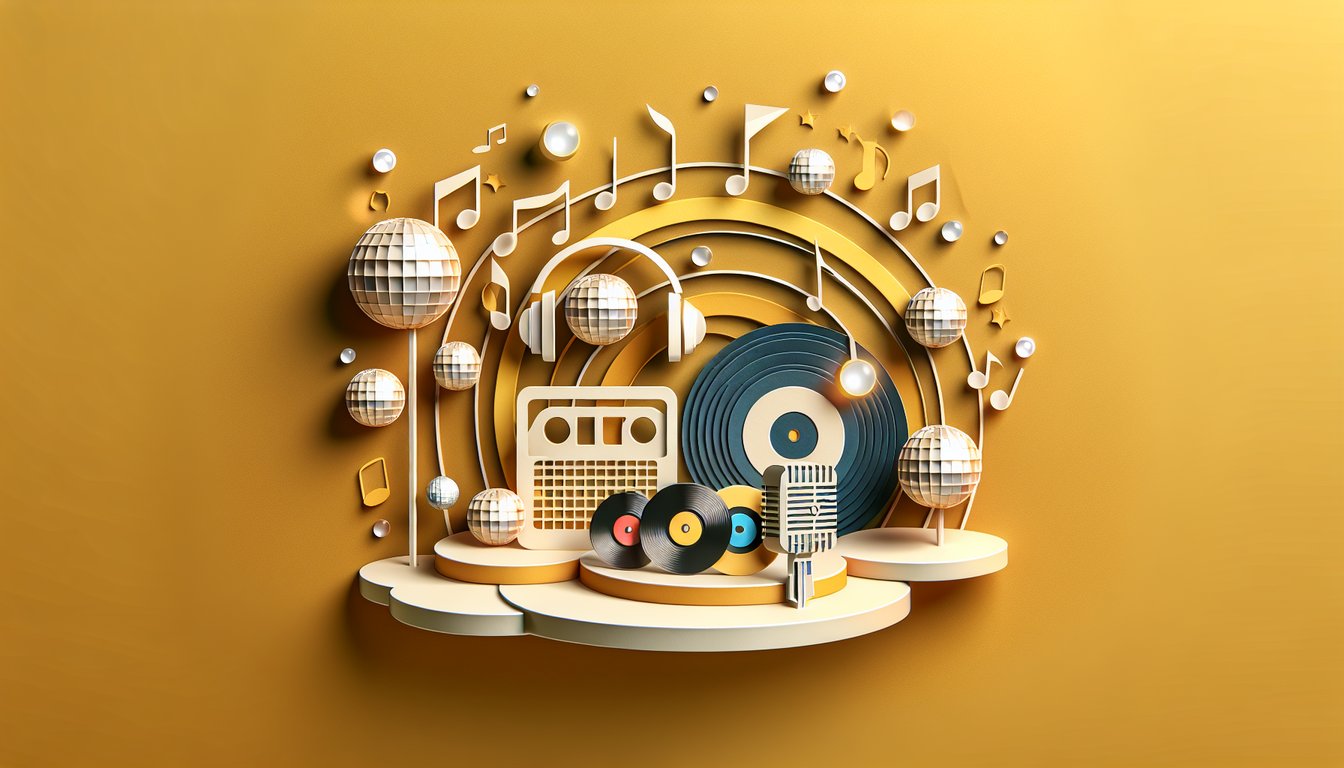 Paper art illustration of vinyl records microphones music notes on golden yellow background for ABBA trivia quiz