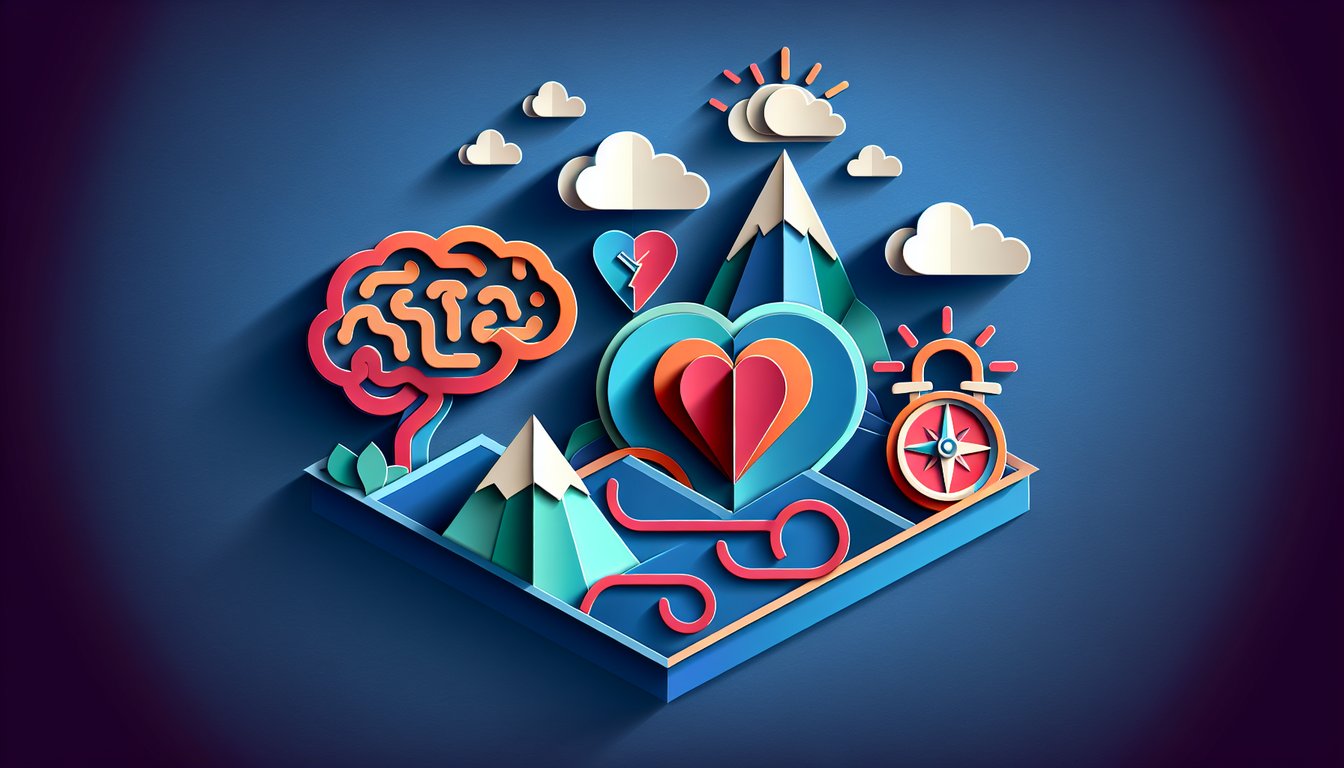 Paper art illustration with lightbulb compass arrows and question marks on dark blue background for passion quiz