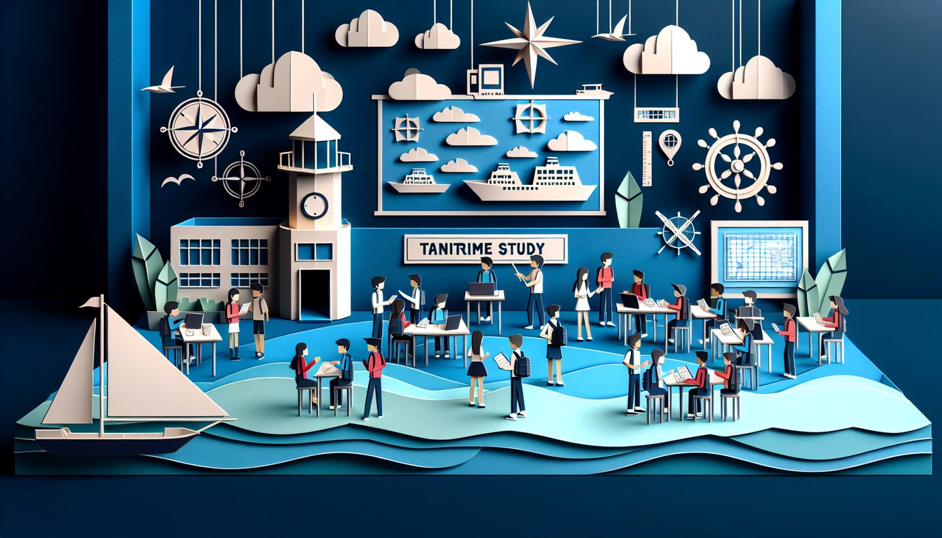 Paper art promoting a trivia quiz on Master Navigation Rules for high school maritime safety students.