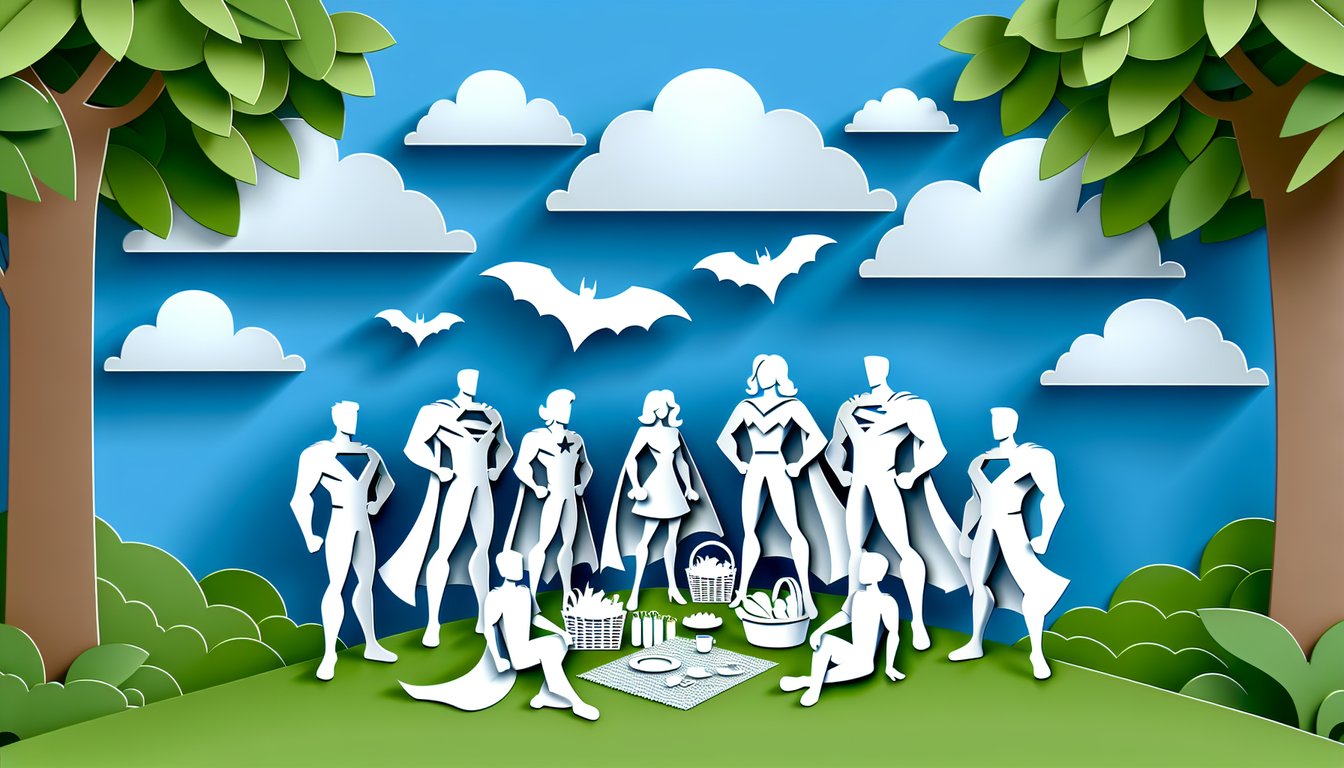 Paper art depiction of original seven Justice League icons with quiz title on sky blue background