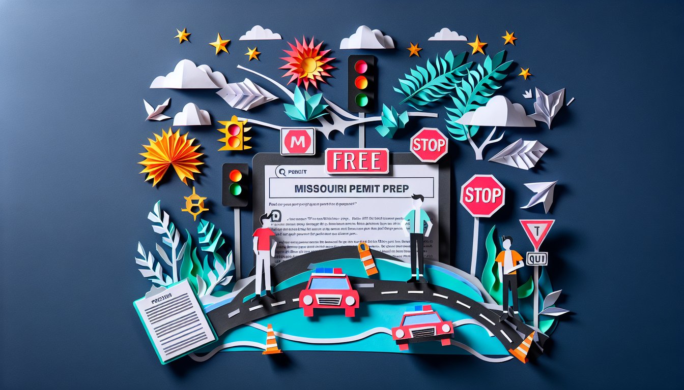 Colorful paper art promoting the Free Missouri Permit Prep Quiz for aspiring drivers.