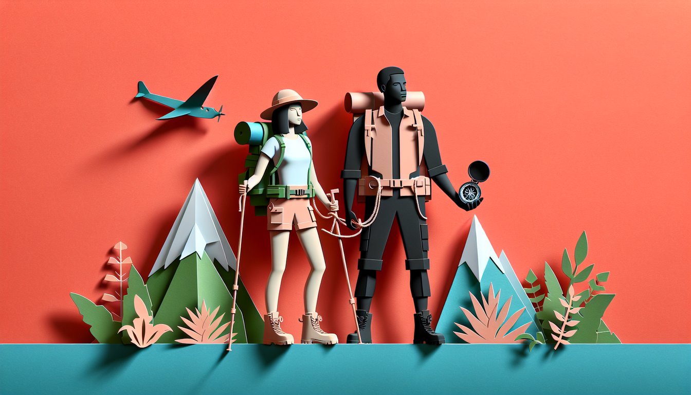 Paper art illustration coral background with layered mountains compass map and arrows for adventurous type quiz