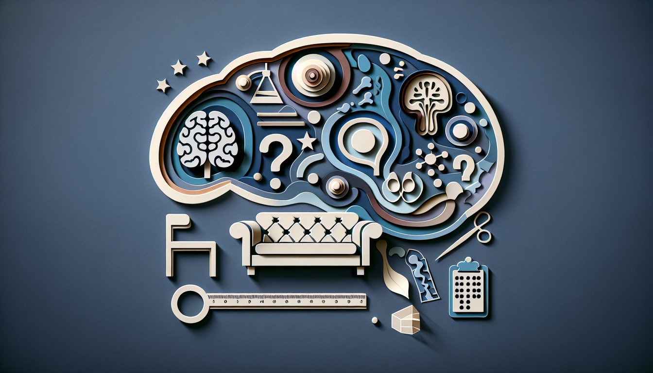 Layered paper brain with floating question marks against dark blue background promoting psychoanalysis quiz