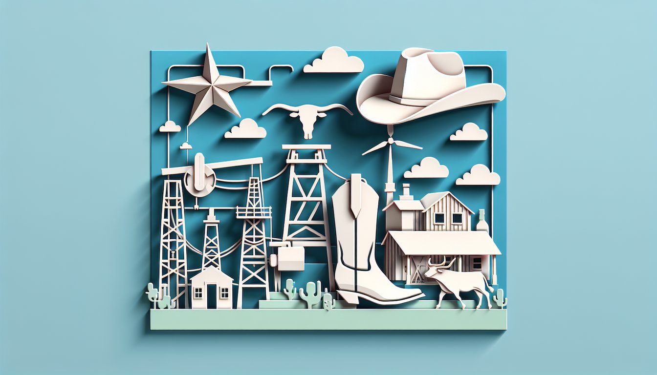 Paper art collage featuring Texas star longhorn cowboy hat quiz symbols on sky blue background