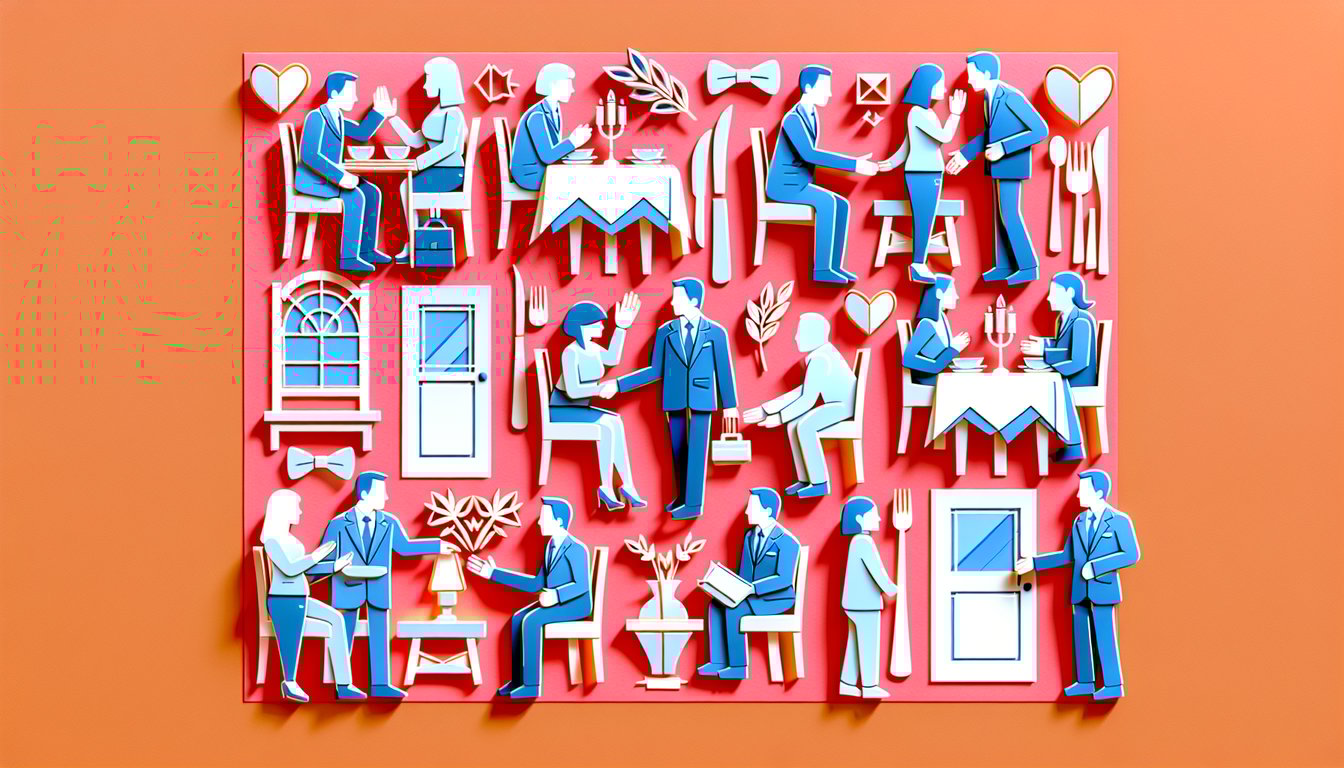 Paper art illustration for etiquette quiz on a coral background