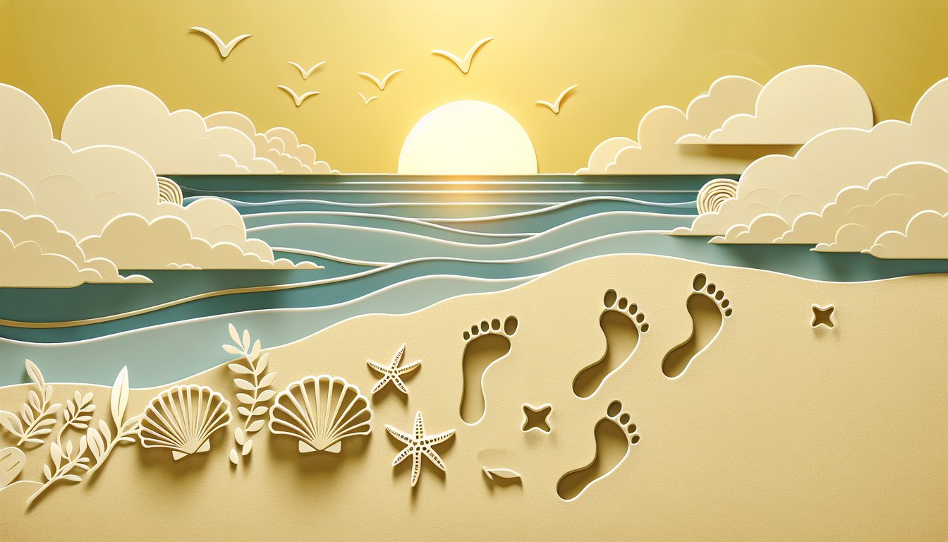 Paper art footprints and stylized poem text on golden yellow background inviting quiz on Footprints in the Sand poem meaning