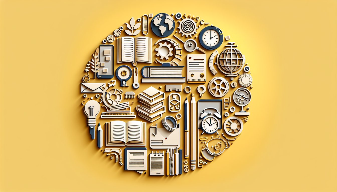 Paper art illustration for student personality quiz with study tips on a golden yellow background.