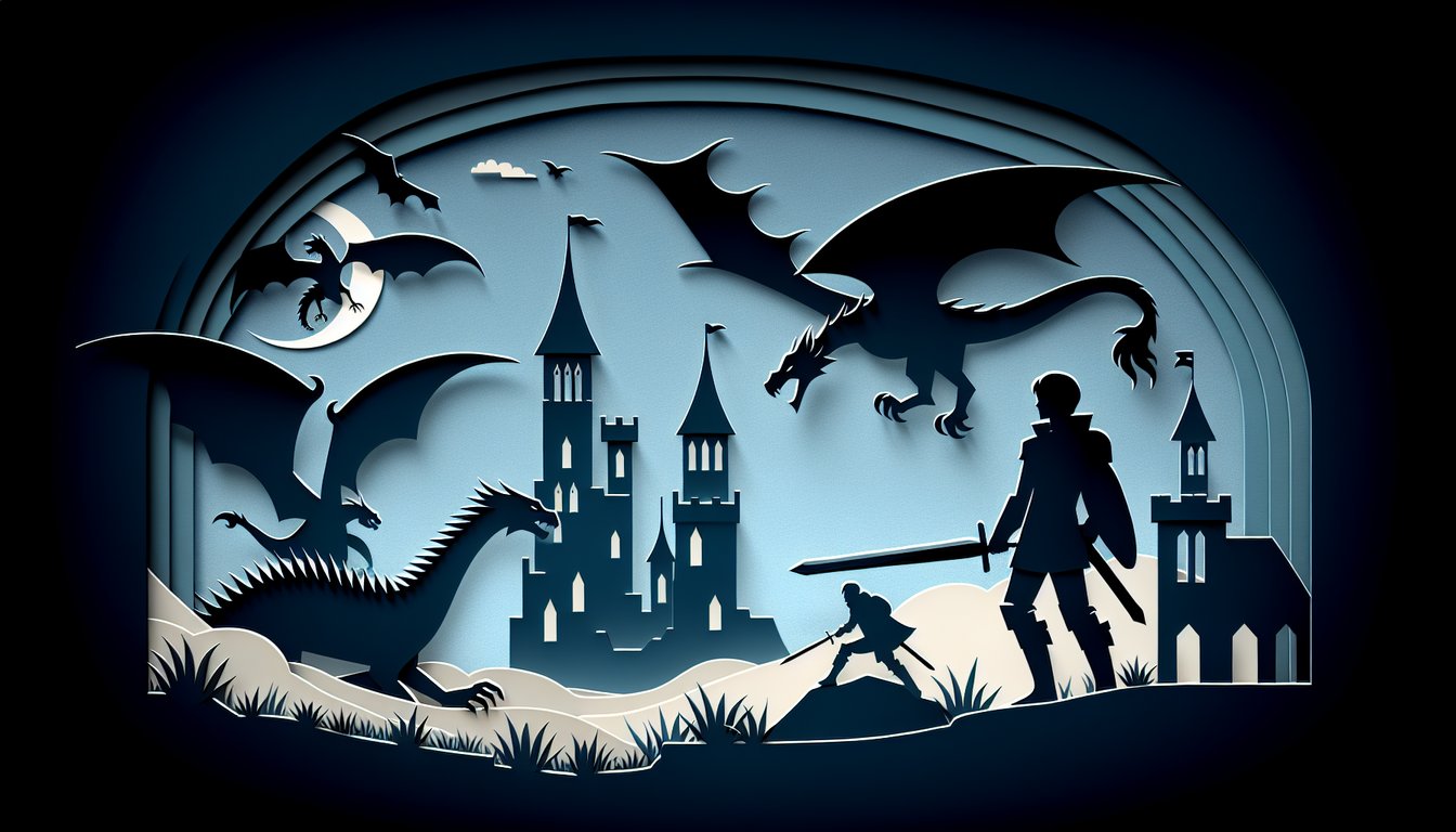 Paper art dragons and medieval crest silhouettes on dark blue background for a House of the Dragon identity quiz.