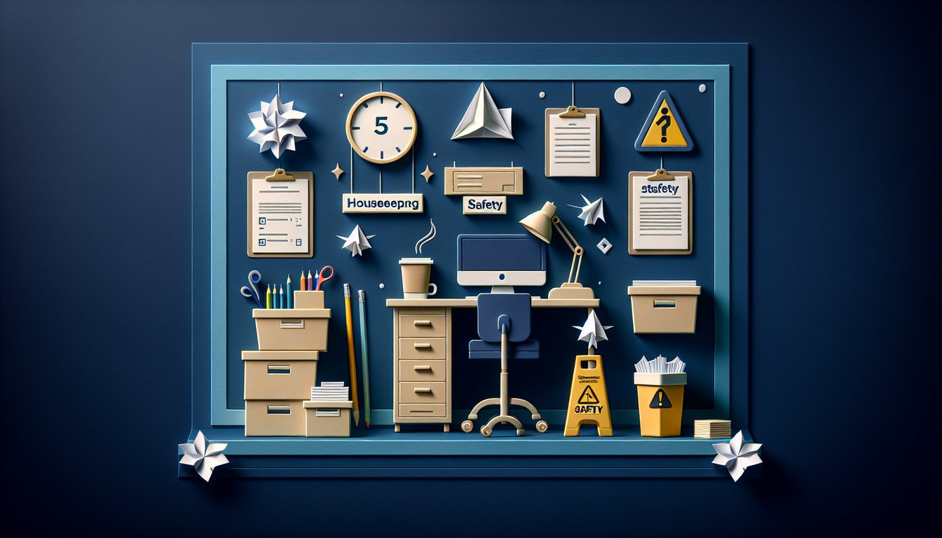 Colorful paper art promoting Employee 5S and Housekeeping Safety Quiz