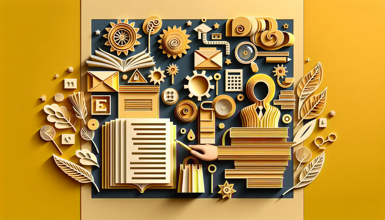Paper art elements representing present tense to be quiz on golden yellow background.
