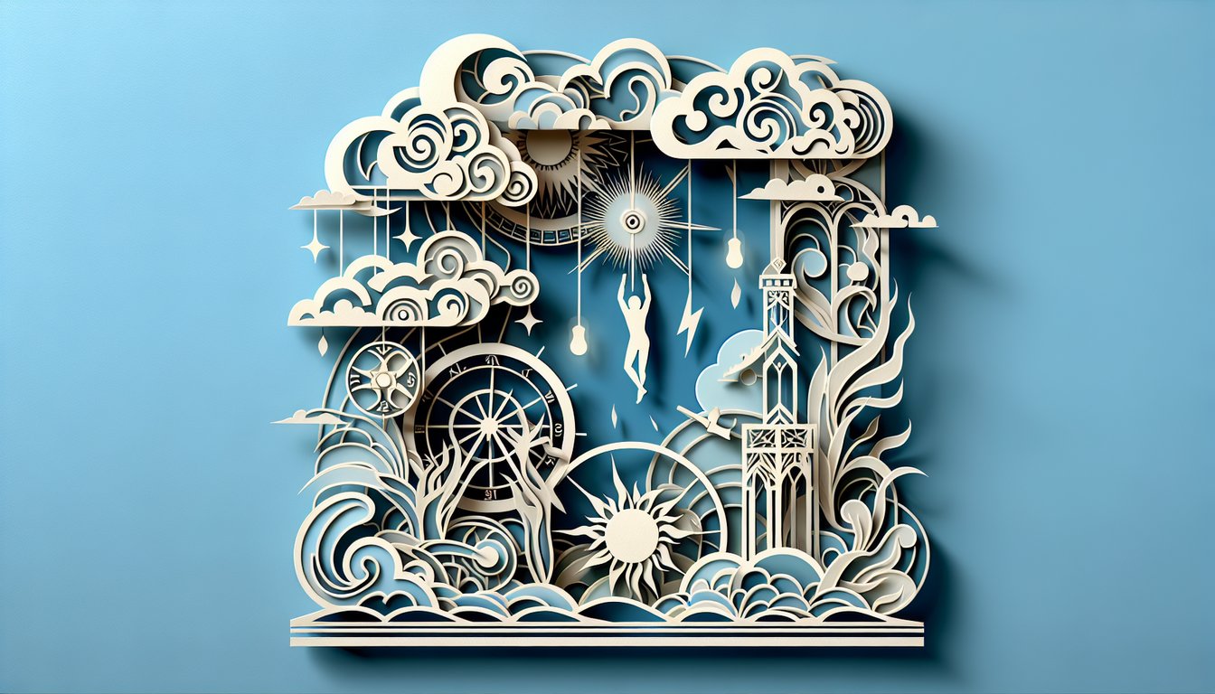 Paper art illustration for arcana definition quiz on sky blue background testing tarot card knowledge