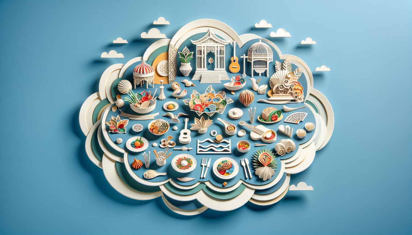 Paper cut art icons of music notes paintbrush fork and knife on sky blue background represent culture quiz.