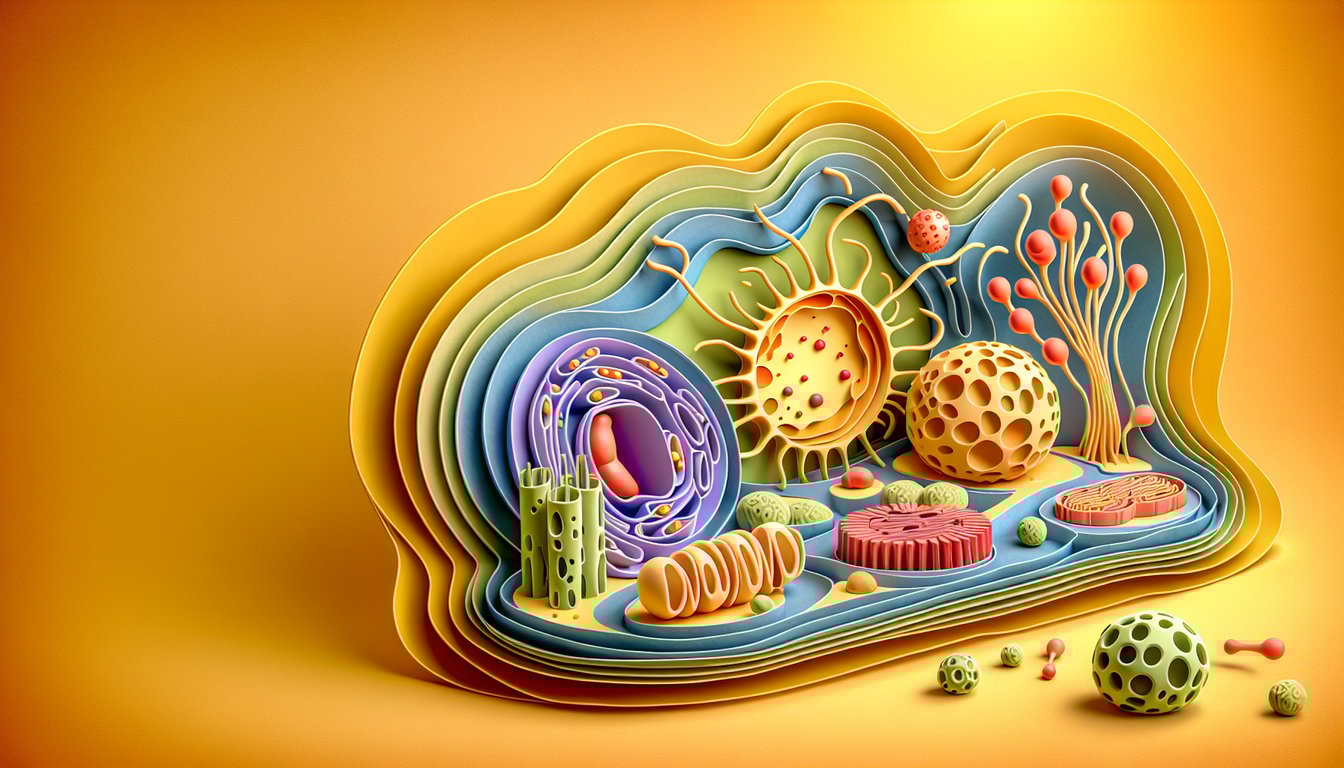 Paper art cell illustration with stylized organelles nucleus mitochondria chloroplast on golden yellow background quiz theme