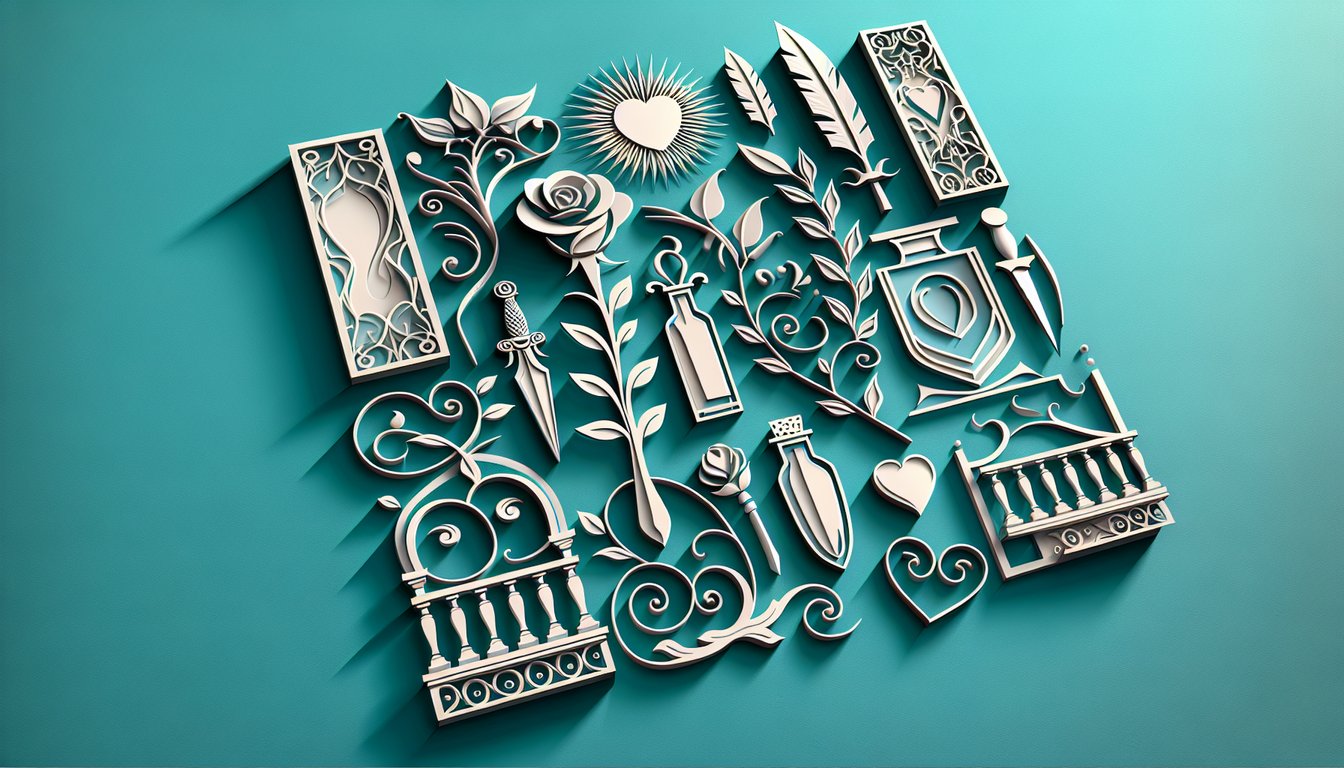 Paper art style Romeo and Juliet quiz design with stylized silhouettes of lovers masks rose and dagger on teal background