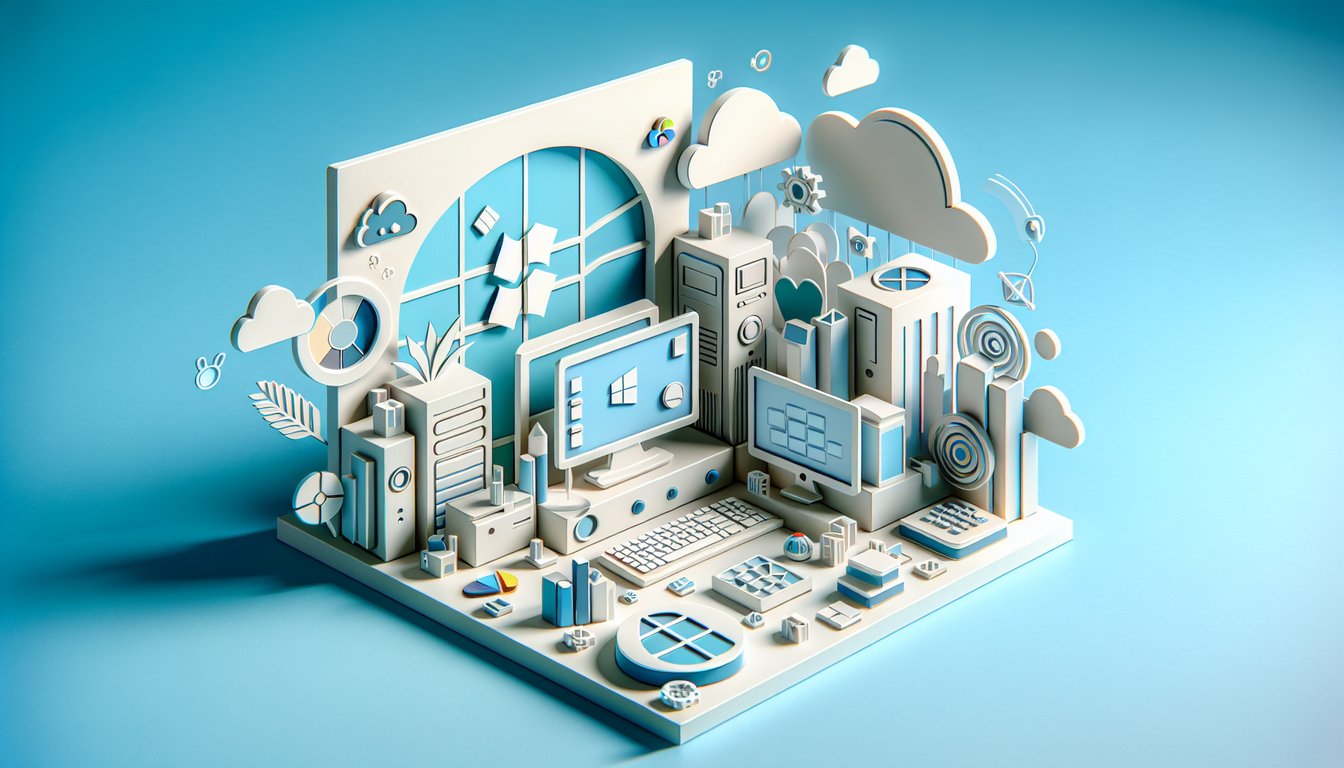 Paper art icons of laptop gear and circuit shapes labeled Windows macOS Linux on sky blue background for free OS quiz
