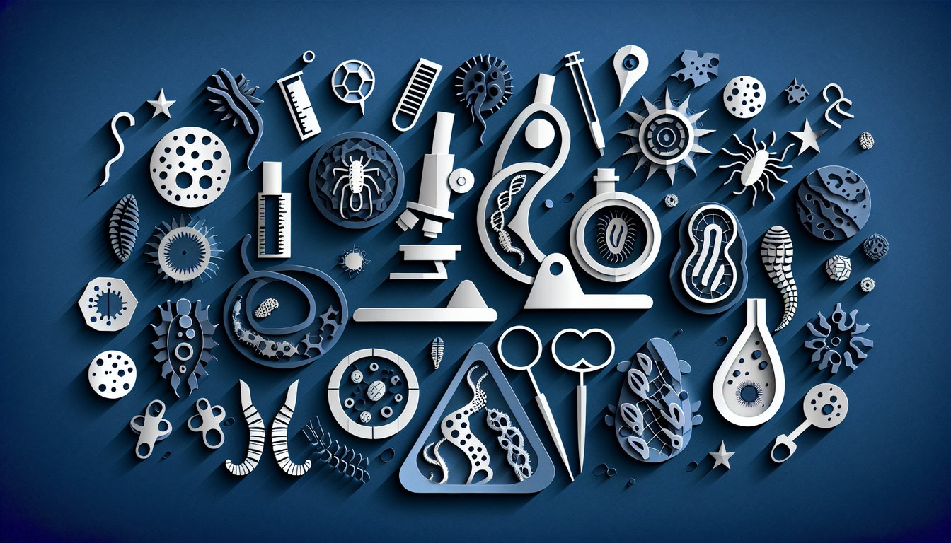 Paper art depicting a trivia quiz theme, Spot the Parasite, for high school biology students.