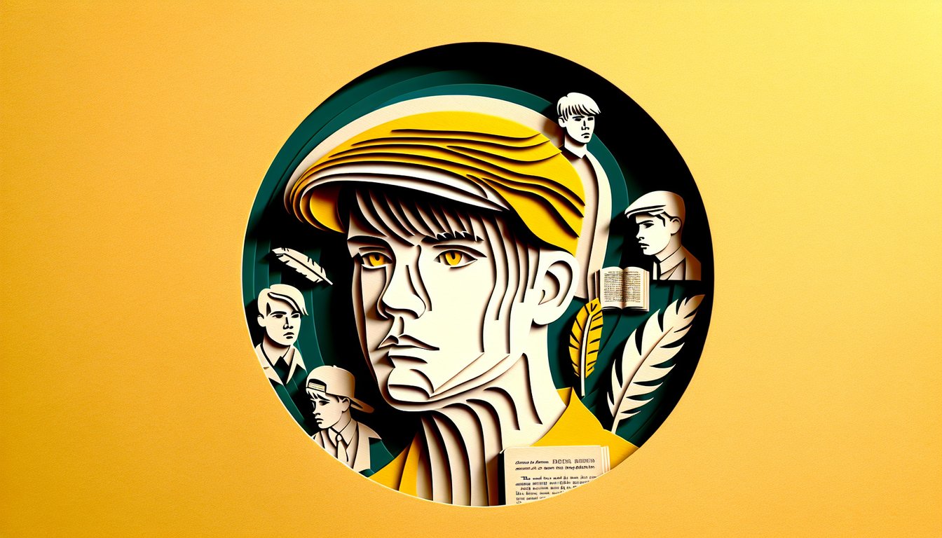 Paper art illustration on golden yellow background promoting free Catcher in the Rye Chapter 1 quiz and trivia