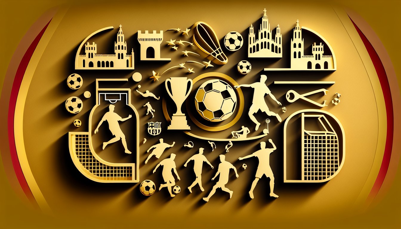 Paper art FC Barcelona quiz scene with soccer ball, crest, player silhouettes, trophy icons on golden yellow background