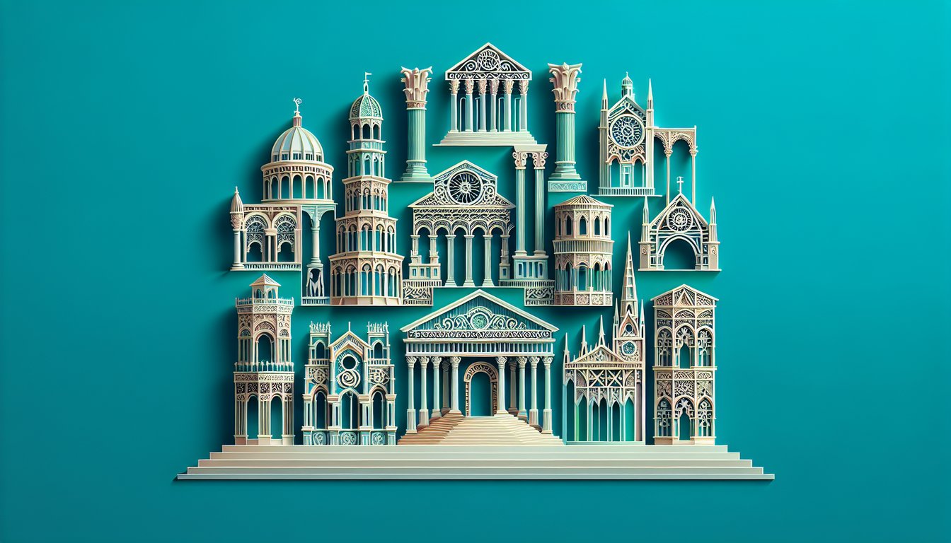 Paper cut illustration of classical columns domes skyscrapers and blueprints on teal background for architecture history quiz