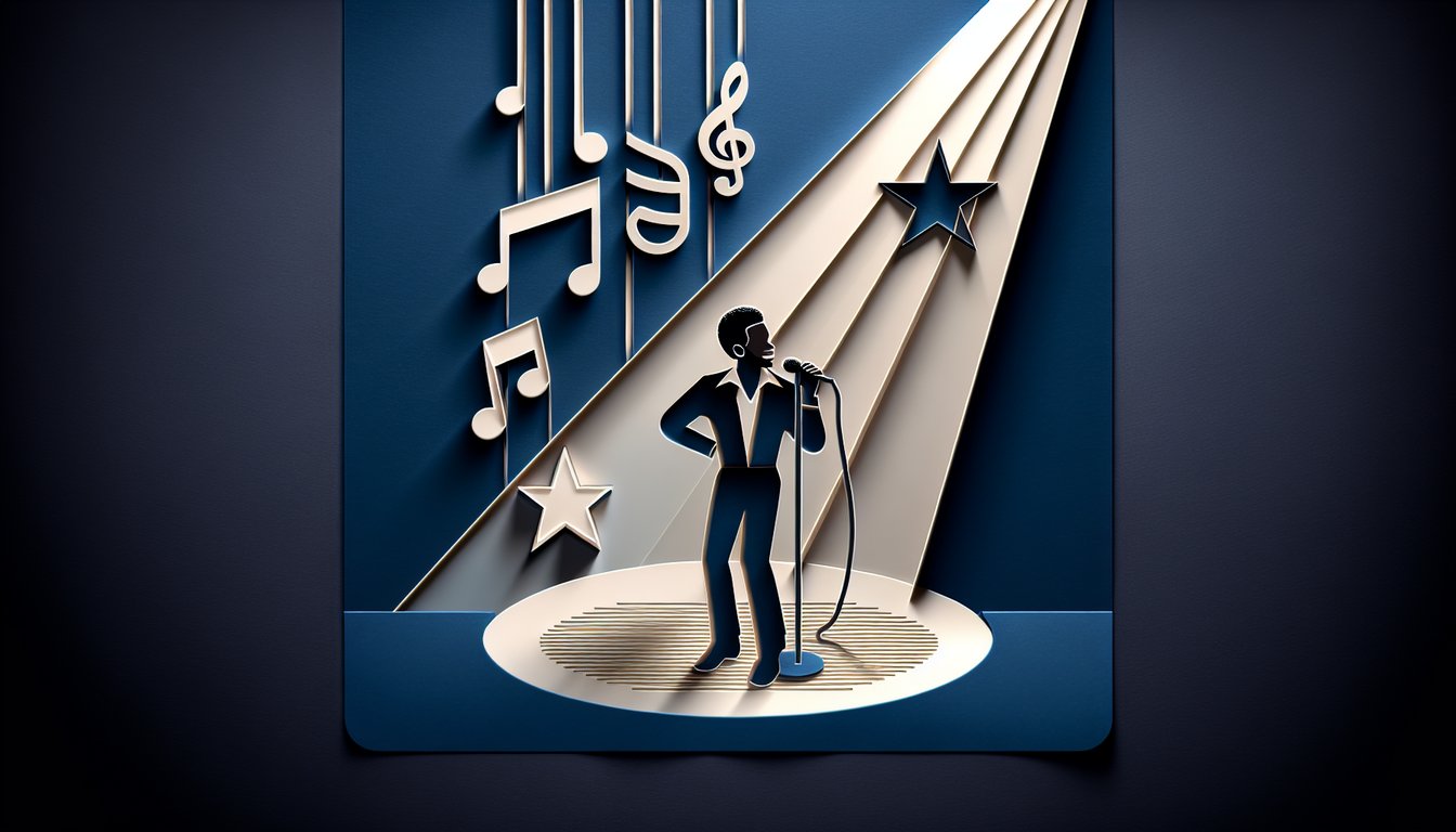 Paper cut art with music notes microphone and abstract shapes on dark blue background for Trey Songz song personality quiz.