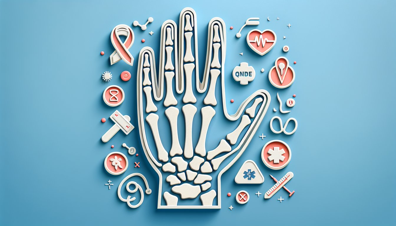 Paper art showing inflamed hand joints and quiz text for a free 10 question RA NCLEX skills test on a sky blue background