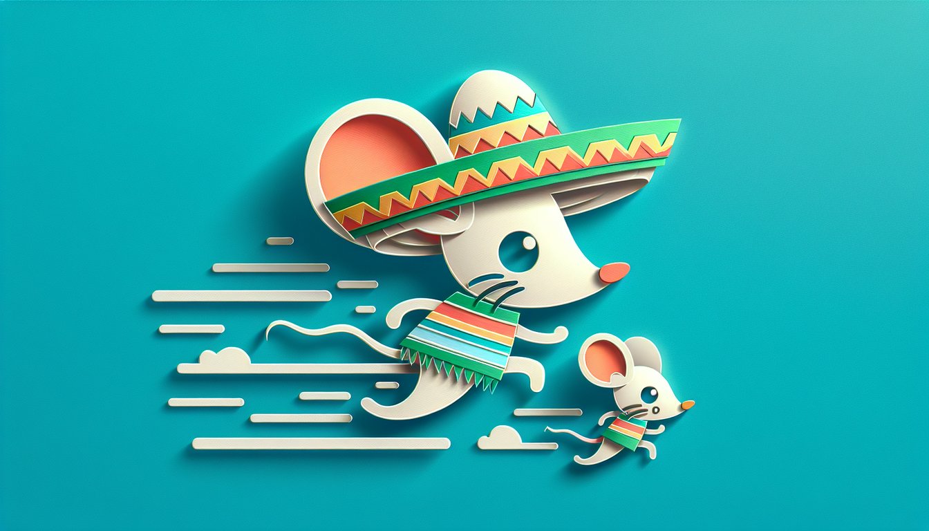 Paper art cartoon mouse in sombrero racing across teal background with quiz text about naming Speedy Gonzales cousin