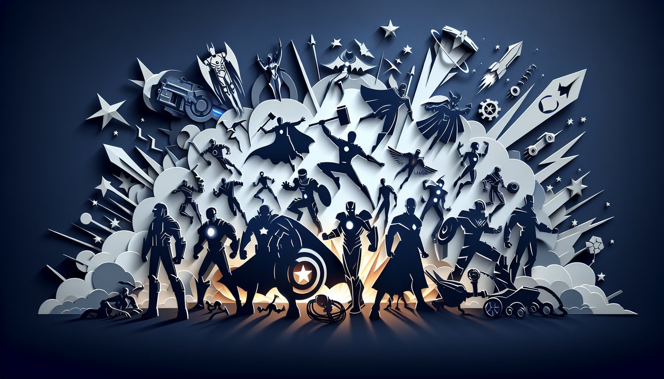 Paper art illustration for Age of Ultron quiz featuring Avengers characters and Ultron creations on dark blue background