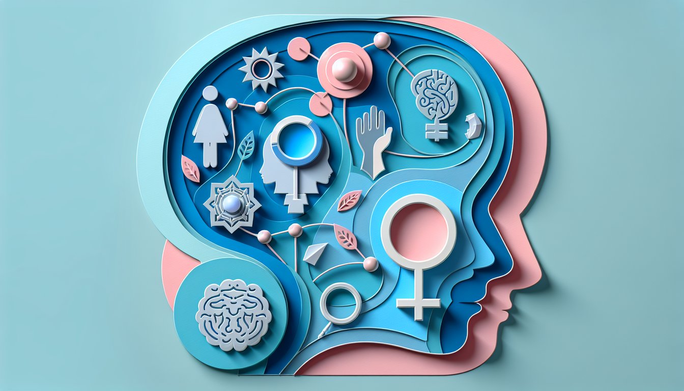 Paper art illustration for a femininity quiz on a sky blue background