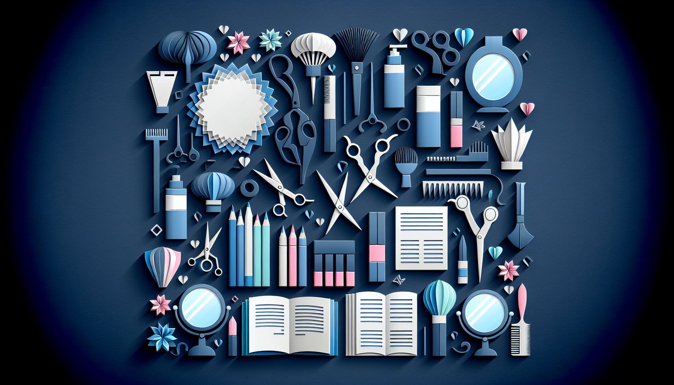 Cosmetology-themed paper art promoting the engaging Milady Mastery Mashup trivia quiz.
