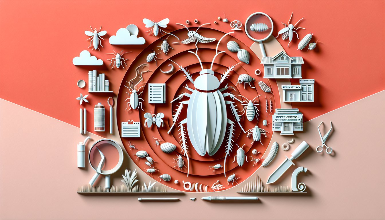 Paper art illustration with layered insects including cockroach ant termite and quiz title text on coral background.