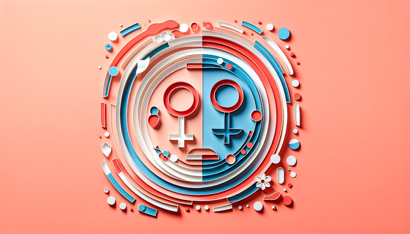 Paper art illustration for a gender personality quiz on a coral background