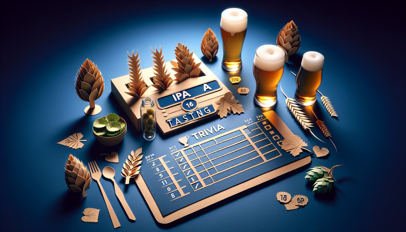Colorful paper art displaying various IPA beers for a tasting quiz