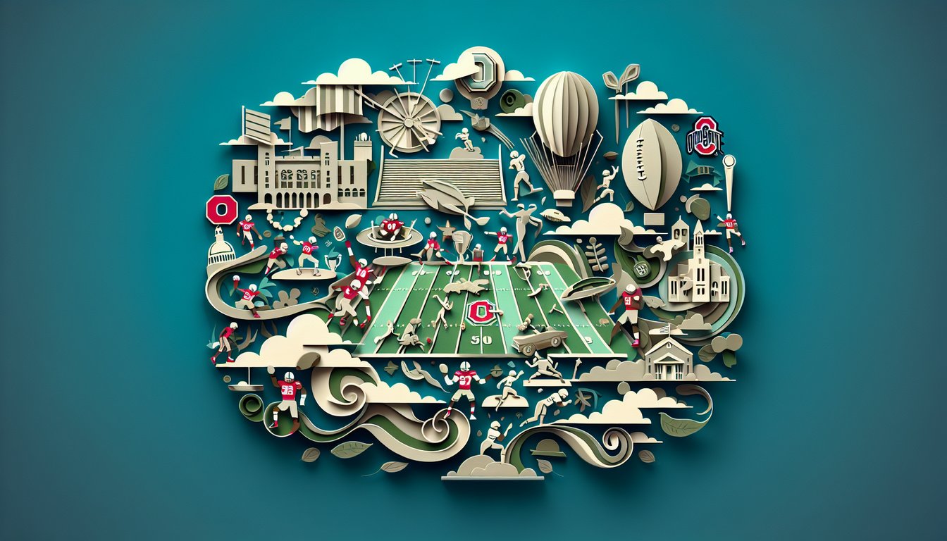 Paper art illustration of a football helmet and buckeye leaf for an Ohio State trivia quiz on a teal background.