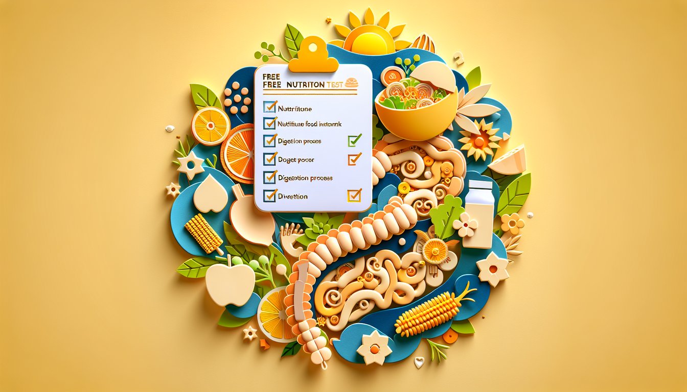 paper art style fruits vegetables nutrition icons on golden yellow background promoting free basic nutrition quiz