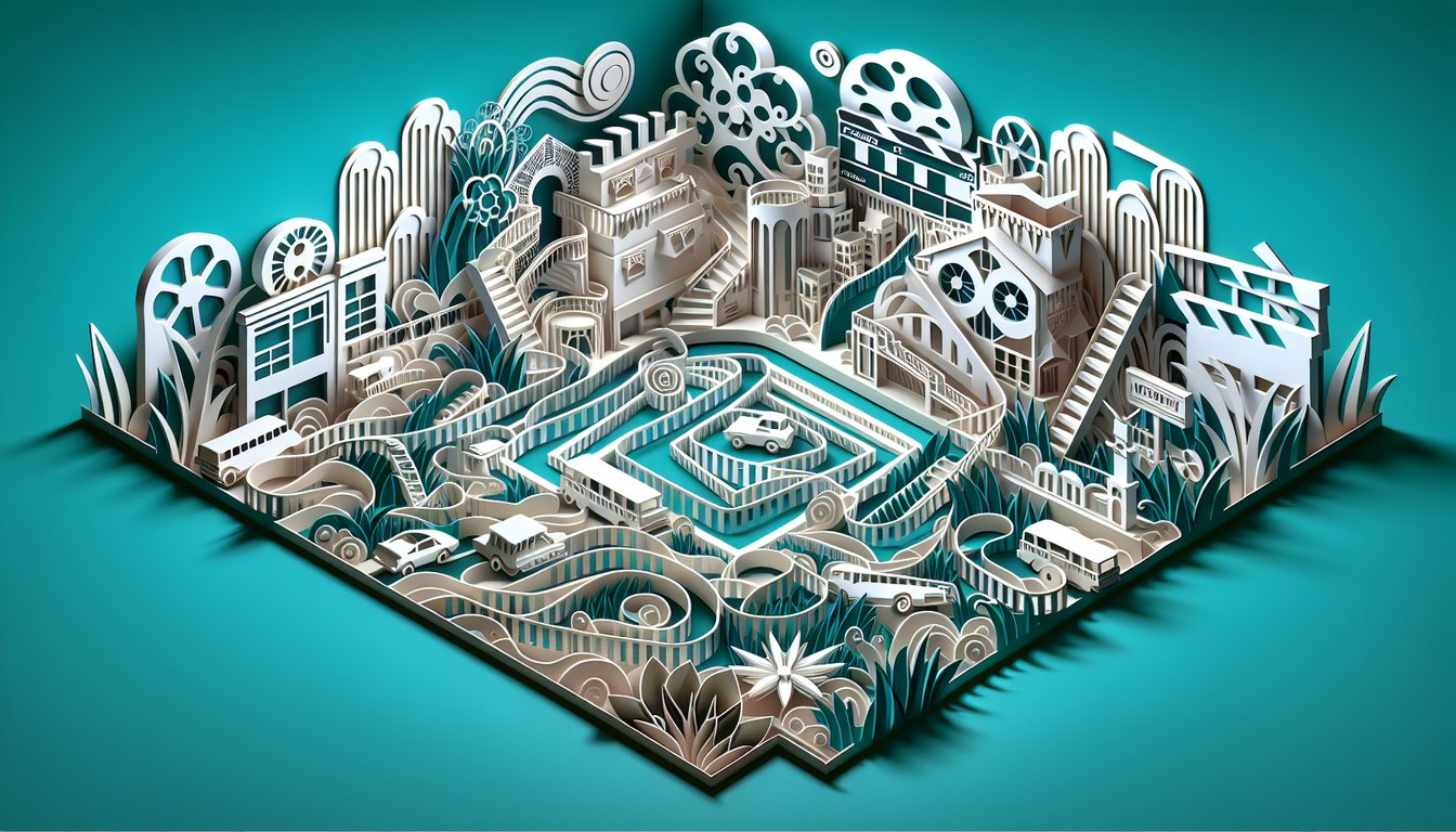Paper art collage with book silhouettes layered on teal background for This Dark Endeavour trivia quiz.