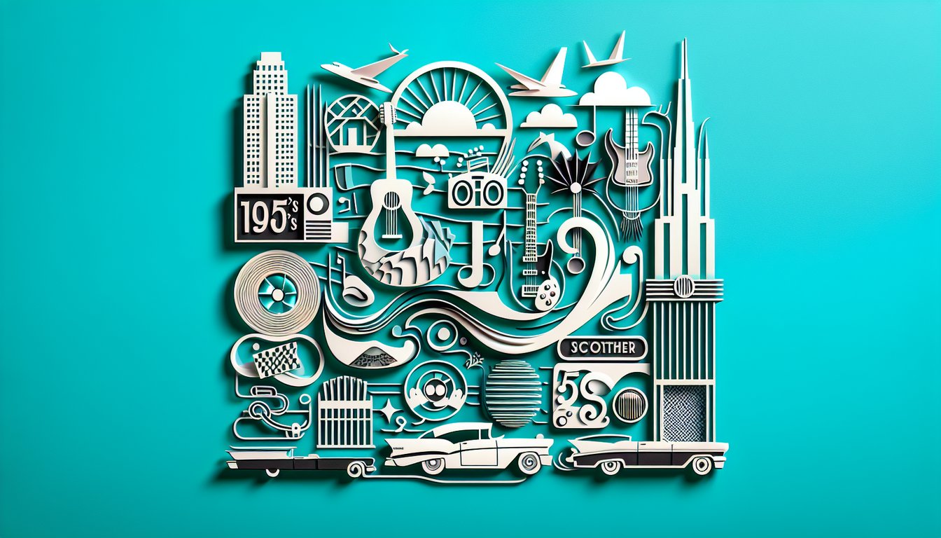 Paper art icons of vinyl record radio microphone classic car on teal background for 1950s pop culture history quiz