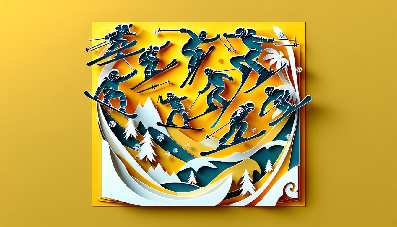 Paper cut freestyle skiing quiz graphic with skier silhouettes doing aerials moguls and half pipe on yellow background