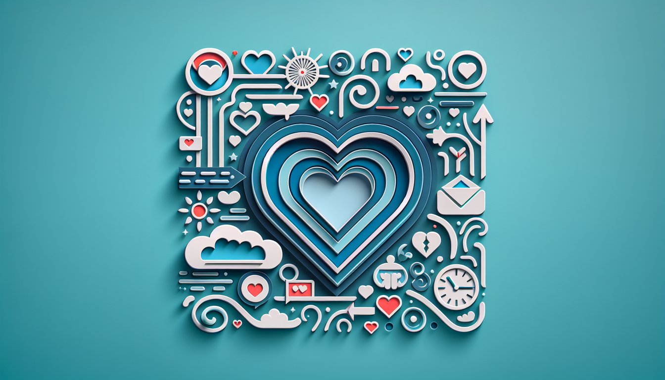 Paper cut hearts, arrow, flowers and hourglass on teal backdrop for love timeline personality quiz
