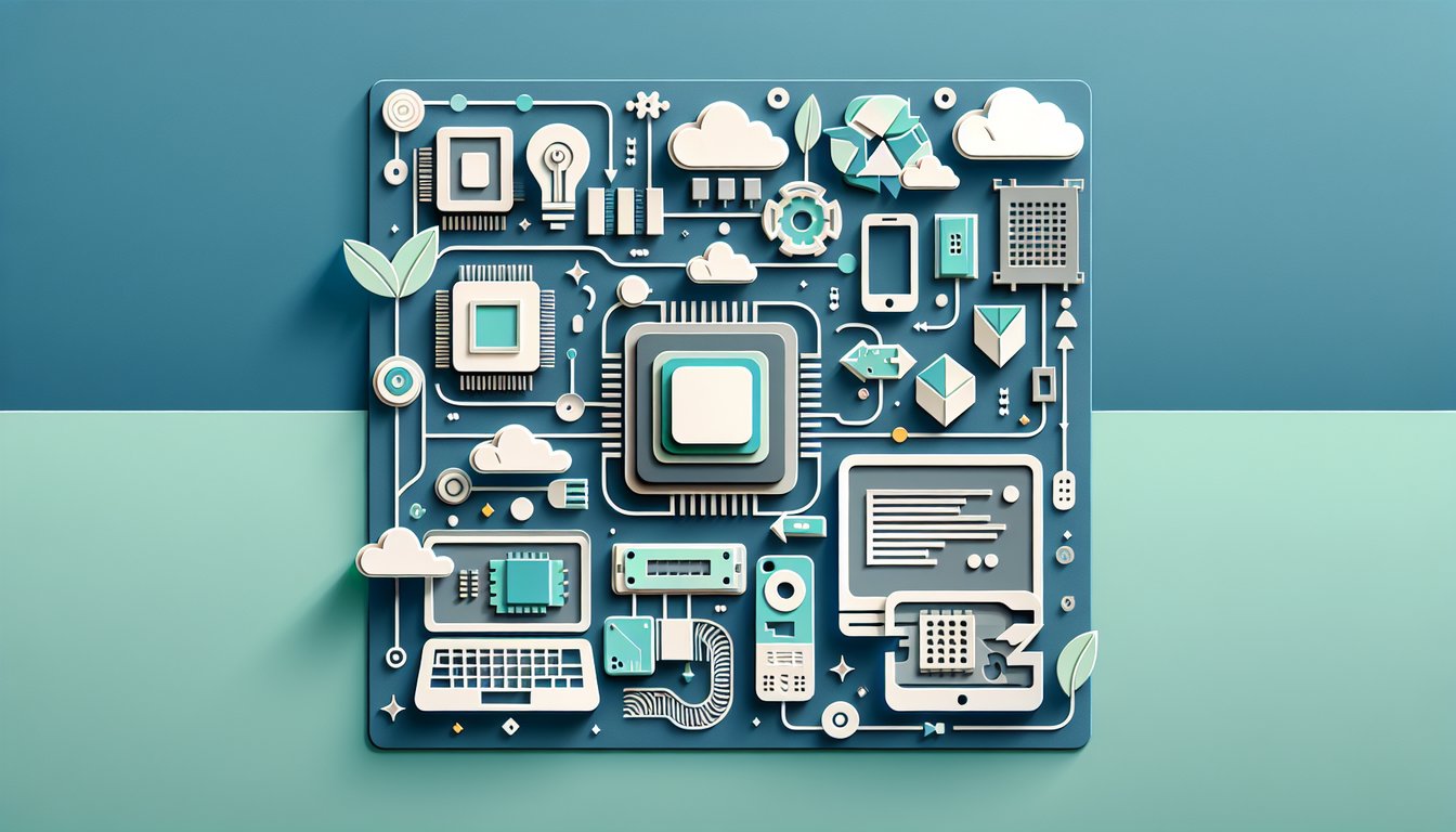 Paper art illustration of computer data flow cycle with icons for input processing storage output on teal background
