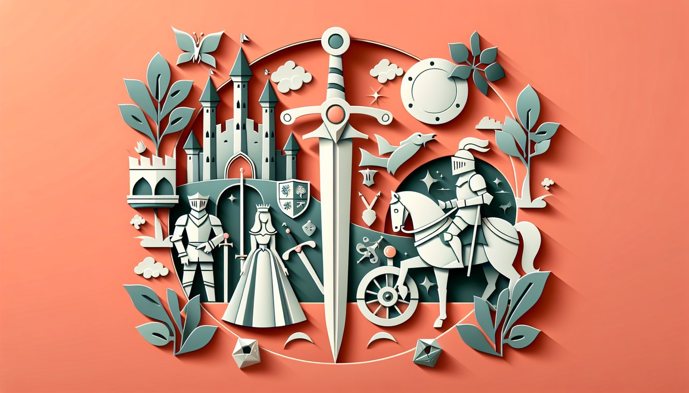Paper art King Arthur trivia quiz with Excalibur sword, Camelot castle silhouettes on coral background.