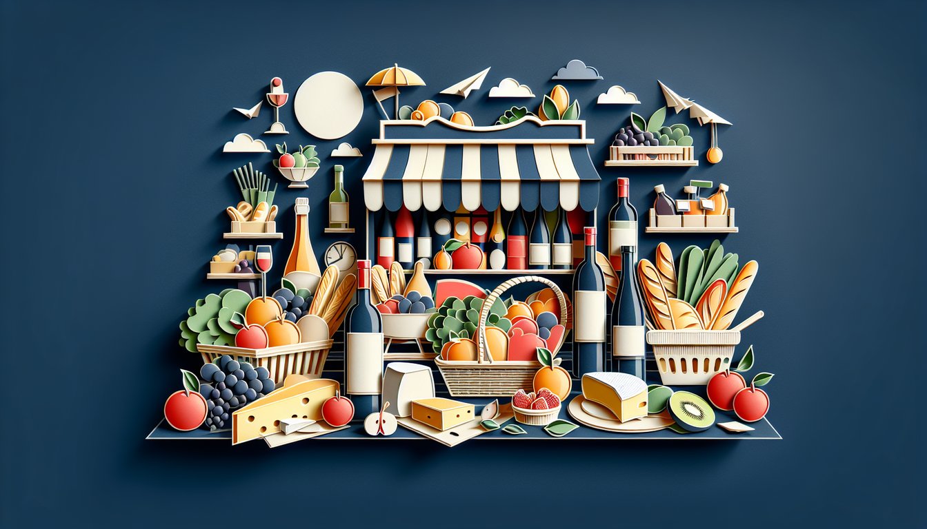 Paper art illustration of food and shopping icons on dark blue background for French vocabulary quiz