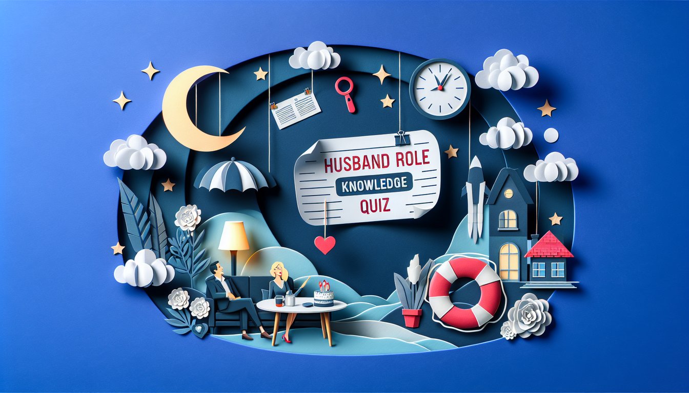 Colorful paper art depicting a trivia quiz on husband role knowledge