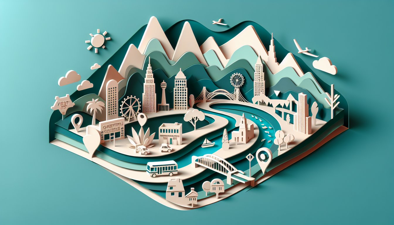 Paper art illustration for personality test to find your ideal US city on a teal background