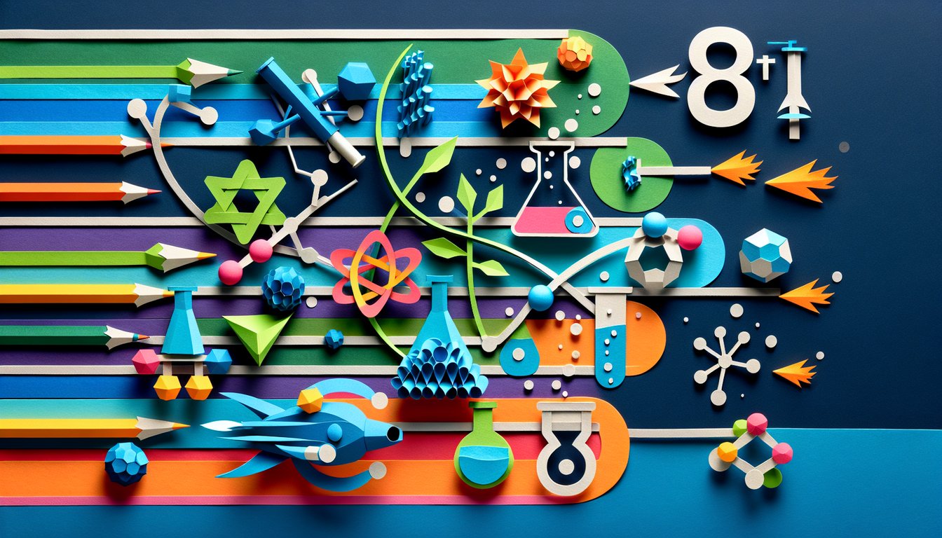 Colorful paper art promoting 8th Grade Science Sprint trivia challenge for middle school students.