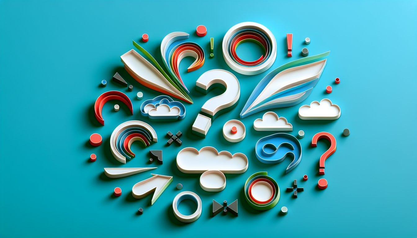 Paper art quiz illustration about testing punctuation skills with quotation marks and question marks on teal background.