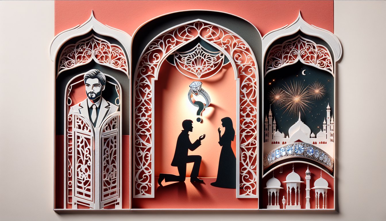 Paper art illustration for When Will He Propose Quiz on a coral background
