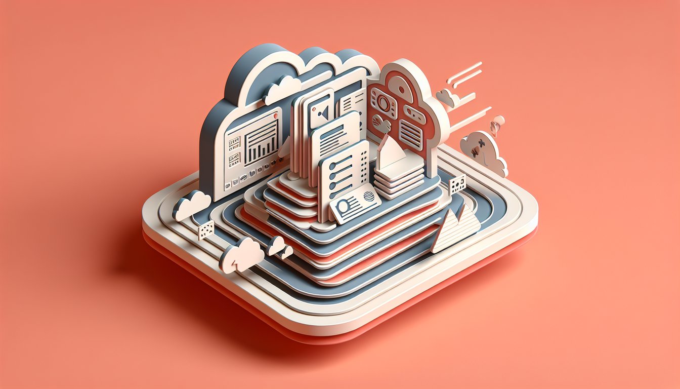 Paper art illustration for quiz on free online InDesign exam practice highlighting navigation, text selection, shape coloring on coral background.