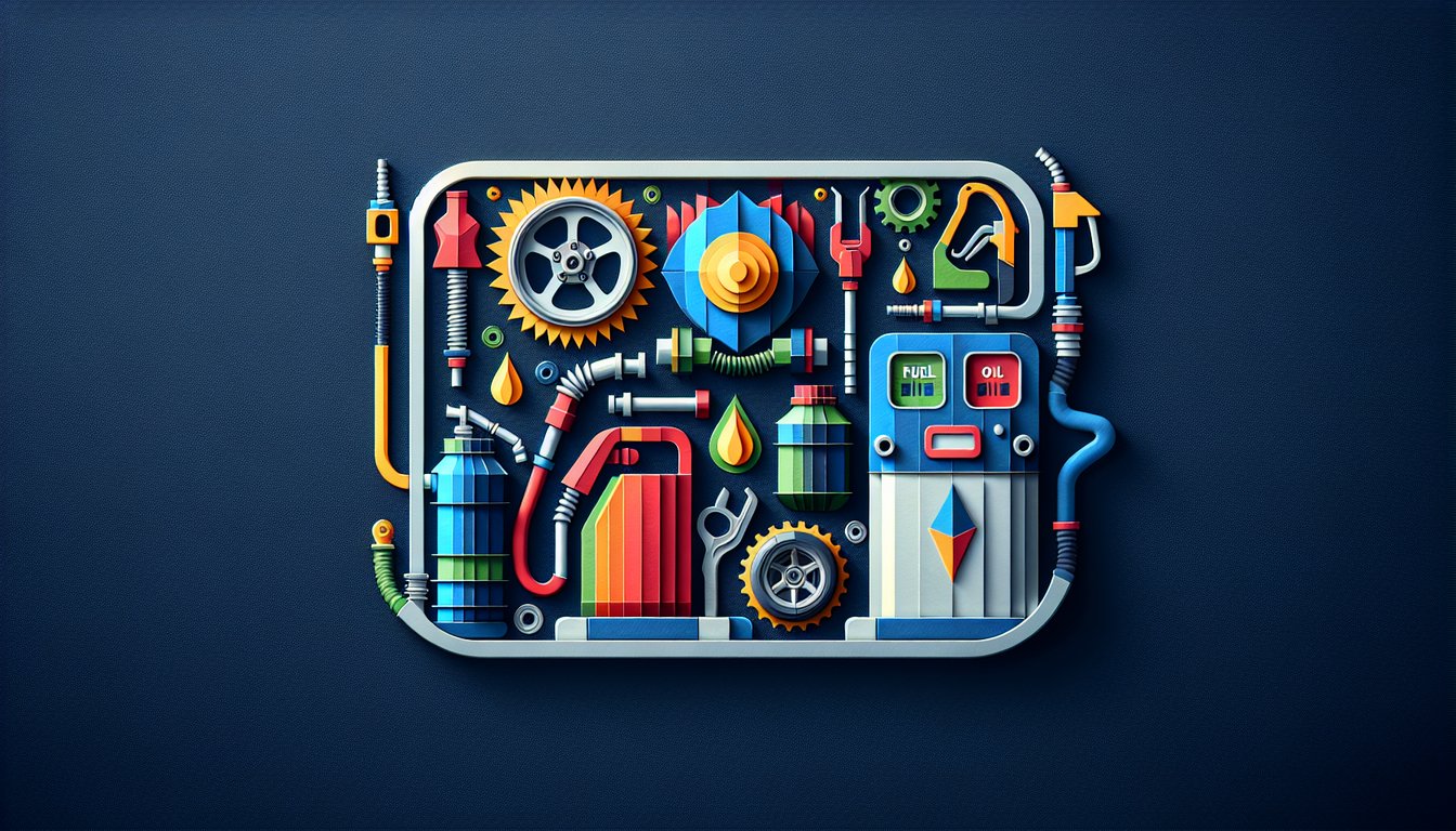 Colorful paper art depicting a car, fuel pump and oil can for an automotive quiz